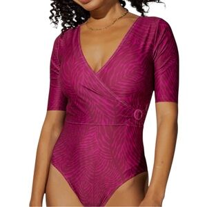 MOTT50 Swimsuit One-Piece Sunblock Pink & Purple with Elbow Sleeves - Medium